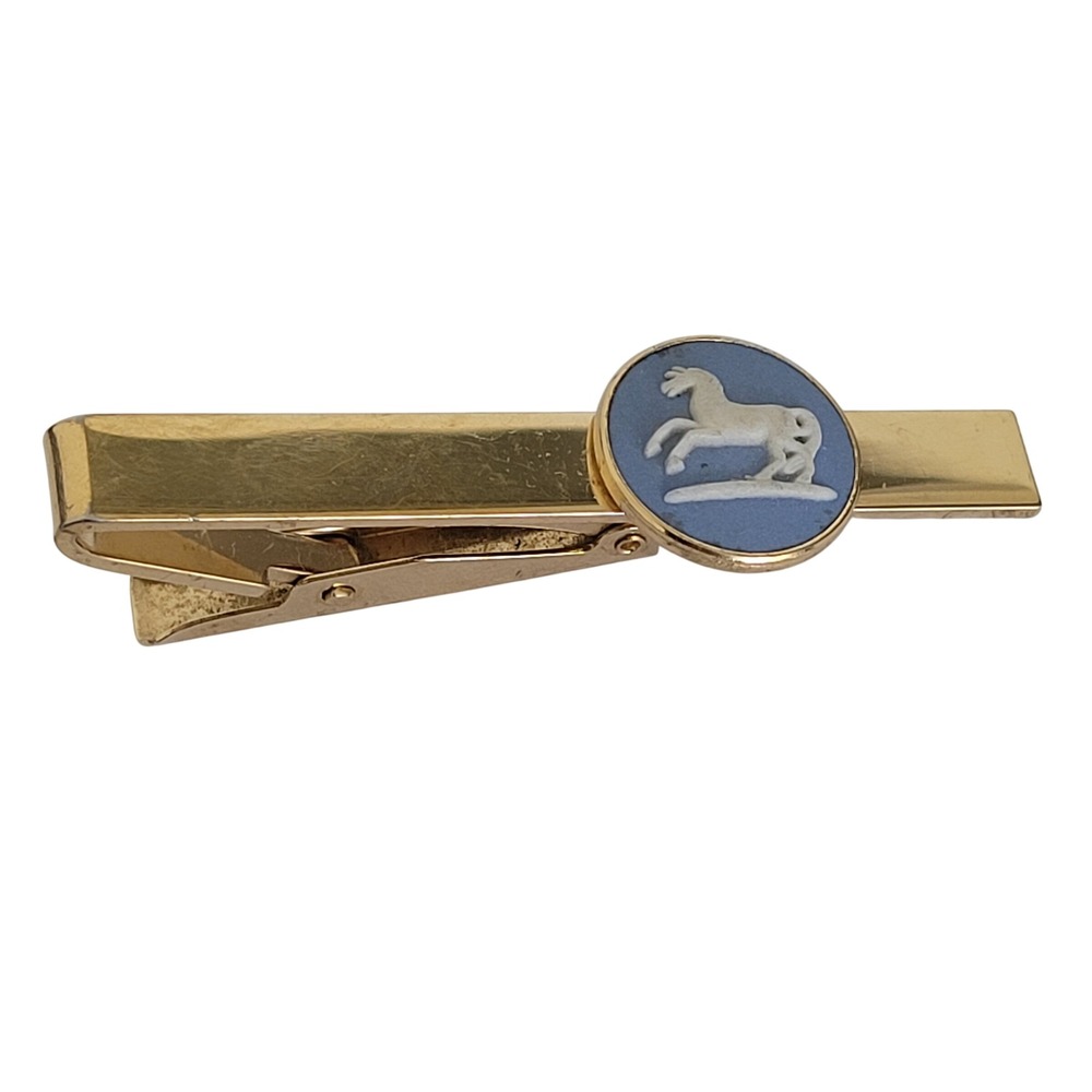 Wedgwood Blue Jasperware Horse Tie Bar Clip Gold Tone Vintage Made in England